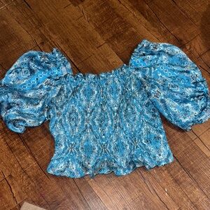 Ramy Brook Blue Patterned Blouse with Puff Sleeves